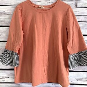 Como Blu Women's L Boat Neck Top Coral With Black/White Pinstripe Bell 3/4 Cuffs